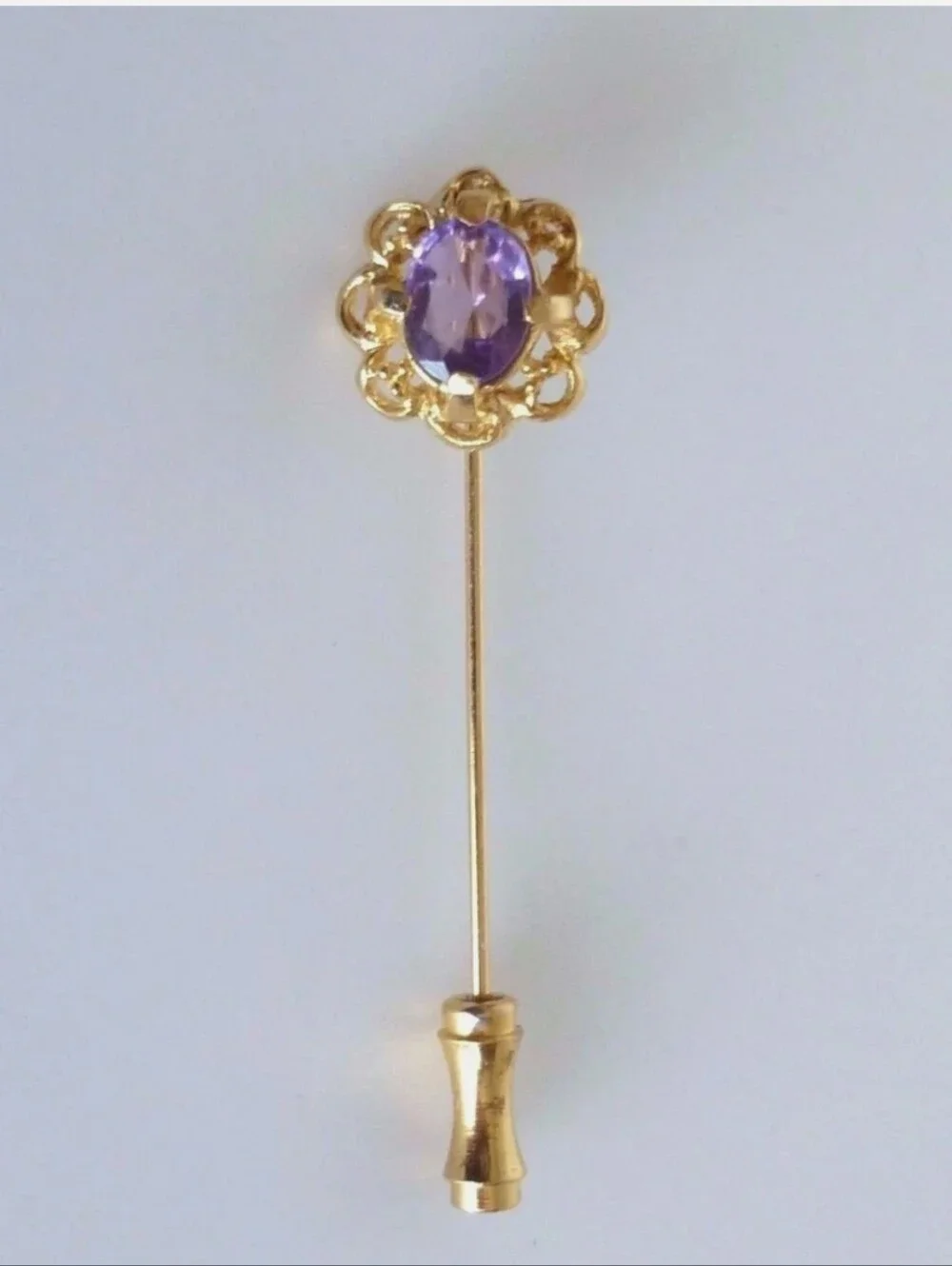 Vintage Genuine Amethyst Purple Flower Gold Tone Metal Stick Pin Brooch 1950's